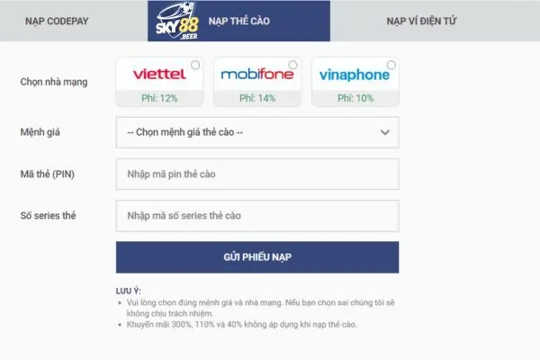 Người chơi có thể nạp tiền Sky88 bằng thẻ cào